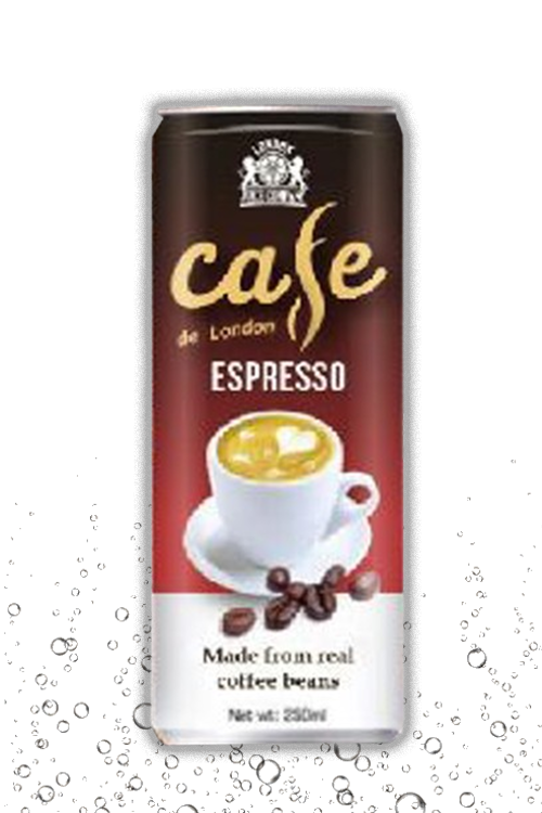 An image of a tall, cylindrical can labeled &quot;Café de London Espresso.&quot; The can is brown, featuring a crown logo at the top and a cup of espresso with coffee beans, with text stating it&#039;s made from real coffee beans